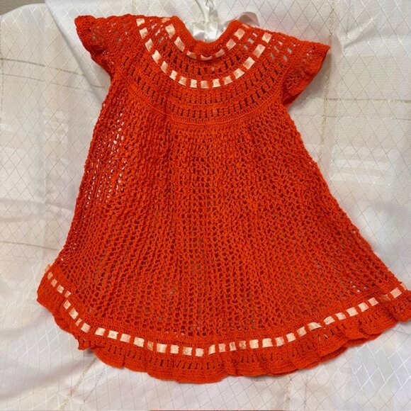 VTG Baby Girl Crochet Dress, Vintage Crochet Infant Dress Orange Baby Clothes - Picture 5 of 9